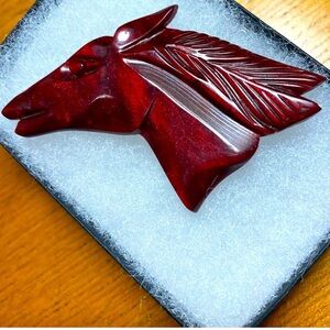 Beautiful Art Deco Dark Cherry Amber Carved Bakelite Horse~Rare & Extraordinary.